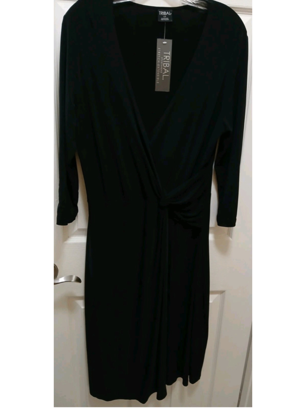 NWT Tribal Sportswear Womens Dress Sz L V-neck Twist-front Detail Black Stretch